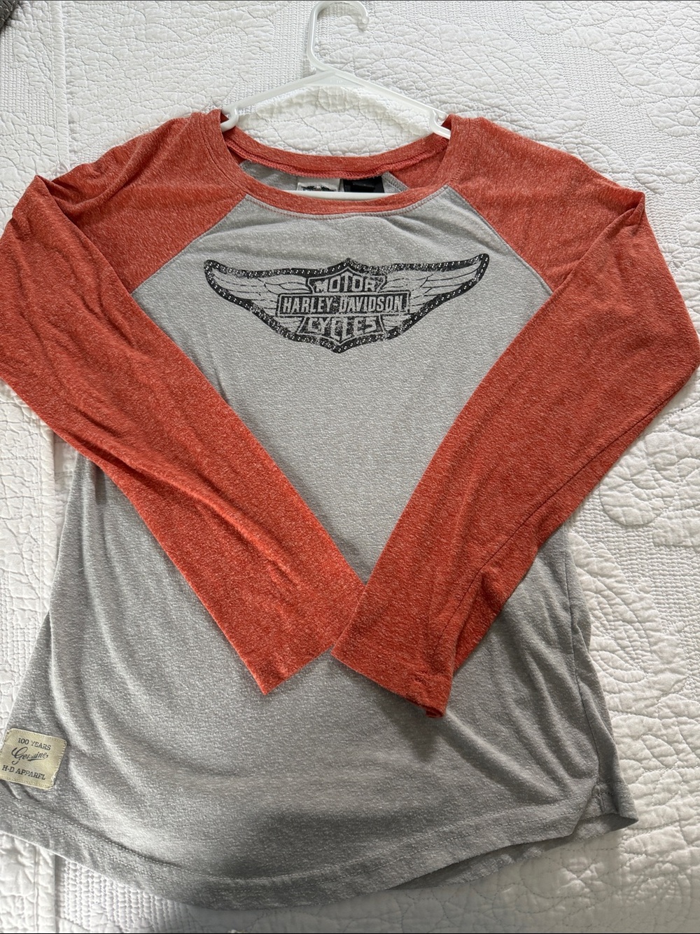 Harley-Davidson Women’s Raglan Long Sleeve Top - Rust Sleeves & Gray Body